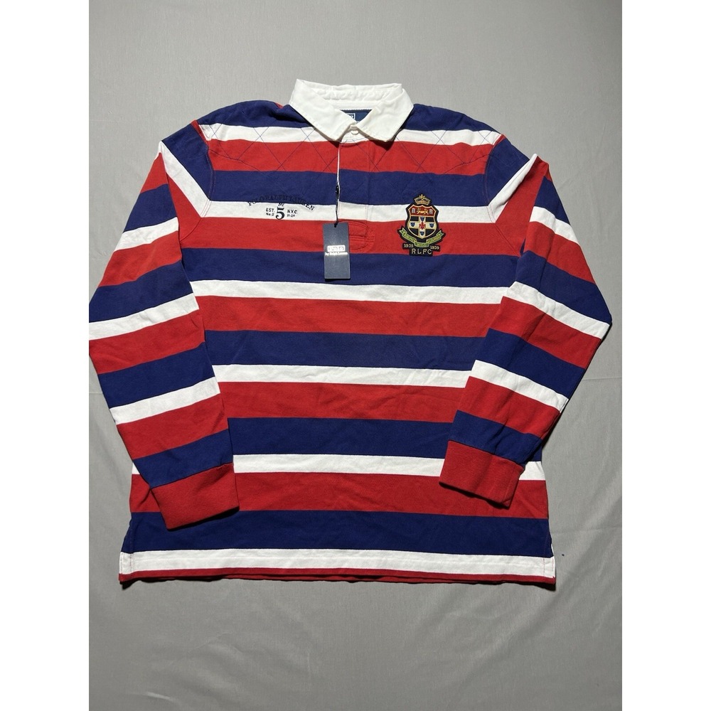 Polo Ralph Lauren Rugby Shirt Men's L Long Sleeve Striped Embroidered Patchwork